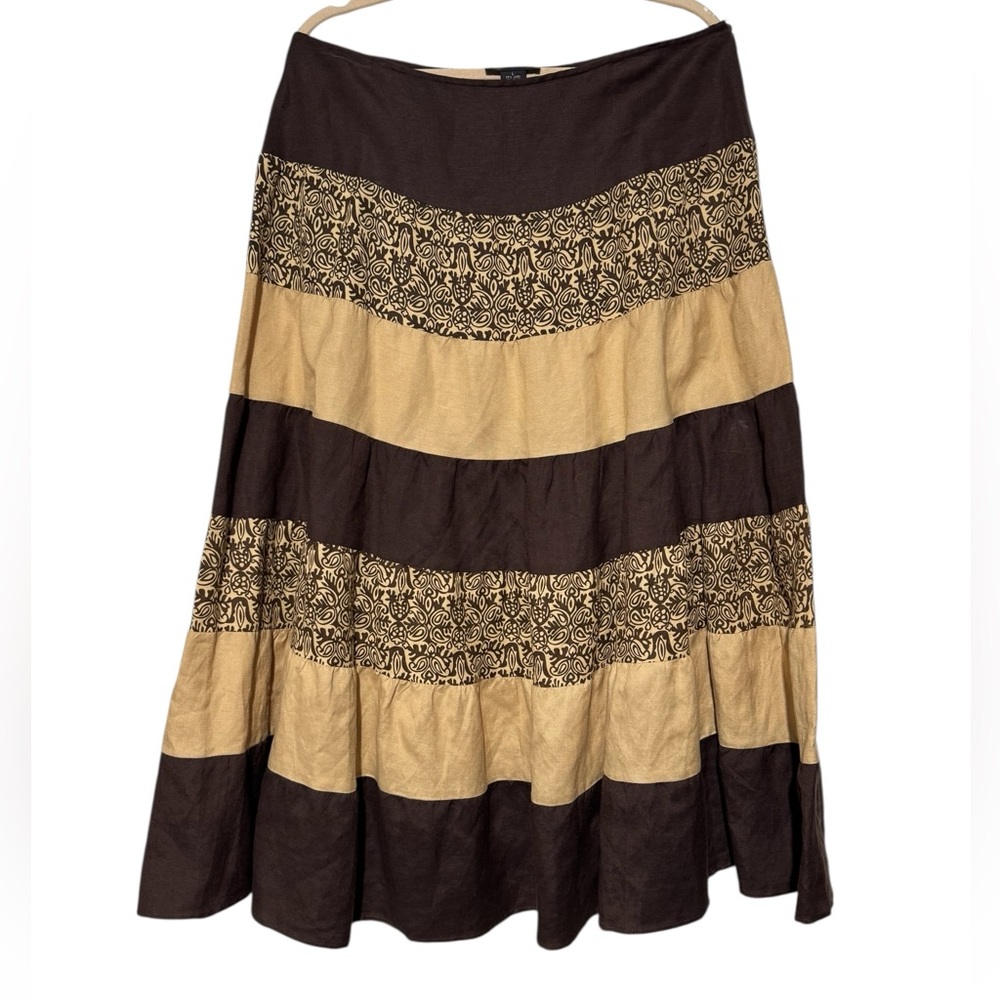 Elements Vtg Brown Tan Tiered Patchwork Linen Broomstick Mack Skirt Large Hippie